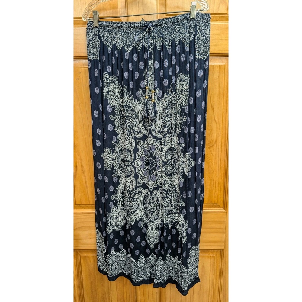 established 1962 Women Skirt Large  Gauze Elastic Waist Midi Navy White Workwear